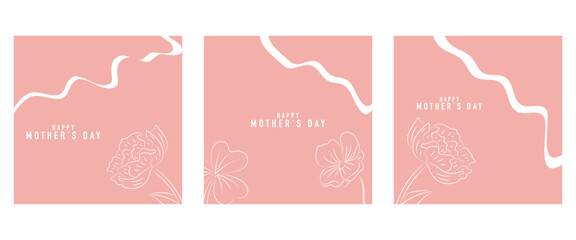 Happy Mother's Day vector greeting card set with beautiful flowers and hearts. Line drawing of flowers. One line minimalist style illustration for banner