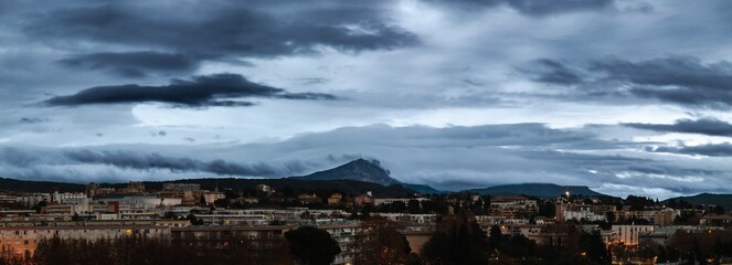 the Sainte Victoire mountain in the light of a cloudy autumn morning