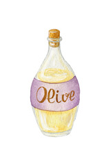 A bottle. Watercolor Glass Bottle of Olive Oil. The bottle is isolated on a white background. Olive Oil in a Bottle.