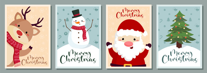 Happy Set of Merry Christmas and Happy New Year greeting vector card with cute santa claus , snowman, reindeer, christmas tree , and hand drawn lettering.
