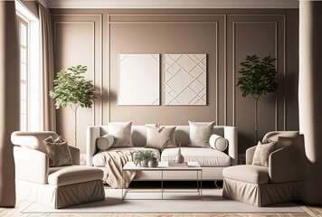 a large living area with armchairs, a sectional sofa, and pillows. Beige and white interior design hues are quite on trend for 2022. Mockup of an empty wall. Stylish modern luxury. Generative AI