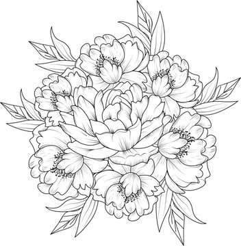peony flower pencil art, Bouquet of peony flower hand drawn pencil sketch coloring page and book for adults isolated on white background floral element tattooing, illustration ink art.