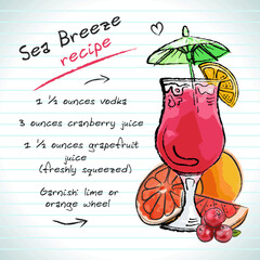 Sea Breeze cocktail, vector sketch hand drawn illustration, fresh summer alcoholic drink with recipe and fruits	