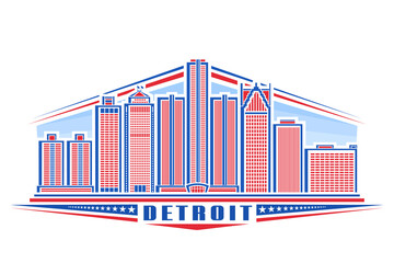 Vector illustration of Detroit, horizontal badge with linear design famous detroit city scape on day sky background, red urban line art concept with decorative unique lettering for blue text detroit