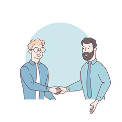 Obraz premium Greetings at the meeting. Handshaking. Businessmen came to an agreement and completed the deal with a handshake. Hand shaking meeting agreement. Template for banner, infographics. Flat illustration