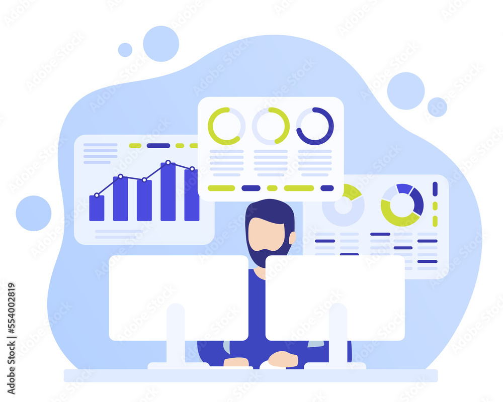 Poster data analytics, man working with business data