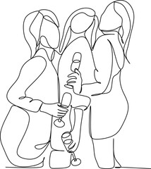 Continuous drawing in one line. Girls with wine glasses. A party. Vector illustration for banner, web, design element, template, postcard.