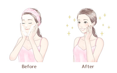 Illustration set of a woman washing her face.