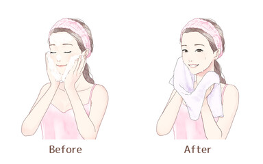 Illustration set of a woman washing her face.