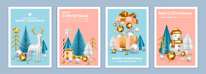 Merry Christmas and Happy New Year backgrounds, greeting cards, posters, holiday covers. Design with realistic New Year's eve and  Christmas ornaments. Vector Illustration Xmas festive templates