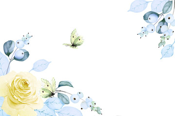 Two corner floral frame of yellow roses, snowberry branches and blue leaves and yellow lemongrass butterflies on a white background. Watercolor illustration. Copy space.