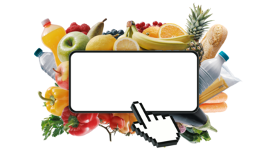 Hand cursor clicking on a smartphone and groceries