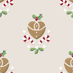 Vector Christmas Gingerbread Ornament on Beige seamless pattern background. Perfect for fabric, scrapbooking and interior design projects.