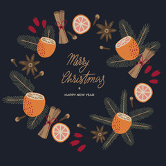 Merry Christmas wreath with pine, fir, anise star, cinamonne sticks, cloves, red berries, dry oranges, dog-rose berries. Xmas and Happy New Year postcard. Vector illustration in flat style