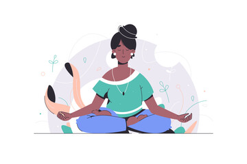 Meditation practice. Vector yoga health benefits of the body, mind and emotions. Zen. Business relax. Woman with closed eyes meditating in yoga posture vector illustration.