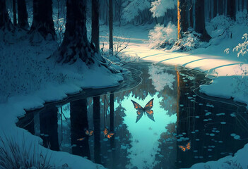 winter, snow, In the dense primeval forest there was a pool of water after the rain. Generative AI