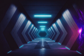 Schematic for a neon lit underground tunnel corridor using lasers Spaceship in Glowing Purple Blue with a Vibrant Rough Concrete Floor and a Dark Background Sci Fi. Generative AI
