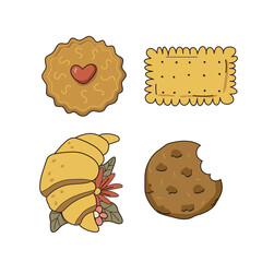 cookies and croissant different set. Oat raisin, chocolate chip, sugar, snickerdoodle, fudge, peanut butter, croissant, candies, icing and cookie sprinkles isolated on white background. Vector
