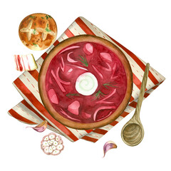 Borsch. A plate with borscht, garlic donut, bacon, spoon, garlic, green onions on a striped red and white napkin. All elements are hand-painted with watercolors. For menu, books, print, design.