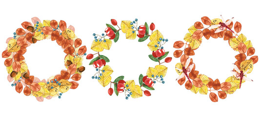 Watercolor wreaths. Set of wreaths of leaves, insects and berries on a white background. All elements are hand painted in watercolor. For print, design, postcards and invitations.