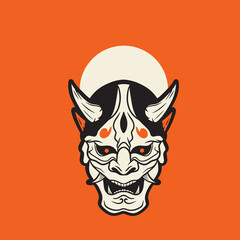 Japanese Demon Oni Mask Logo Design vector illustration ,it can be use for shirt design or poster	

