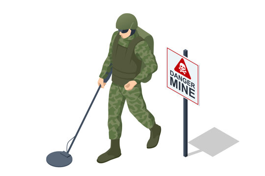Isometric Special Forces Soldier Police, Swat Team Member. Isometric Soldiers Mine. Military landmine clearing equipment. Special force crew. Military concept for army, soldiers and war.