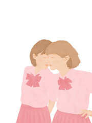 two teenage Asian students kissing young LGBTQ lesbian couple love moments on transparent background