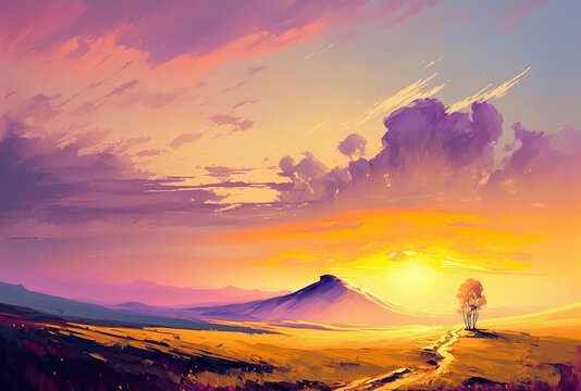 Background of an abstract landscape oil painting. a sky that is both golden and purple. outdoor landscape oil painting on canvas. semi abstract grassland, hill, and field. Sunset backdrop, natural sce