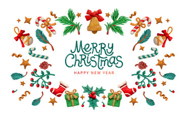 Festive background. Greeting card, banner, web poster. Festive realistic 3d objects. Made from plasticine.