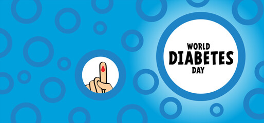 Cartoon hand with blood drop. World diabetes day. Human hands and lifted up index. Finger and drops of blood. November 14, global awareness campaign focusing on diabetes. Blue ribbon.