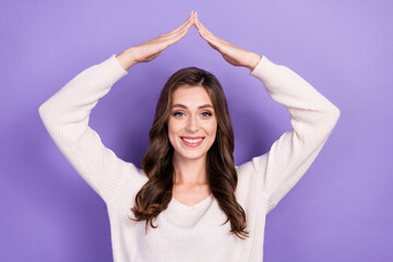 Fototapeta na wymiar Closeup photo of pretty young gorgeous nice woman wear white jumper showing palm up peek like home isolated on pastel violet color background