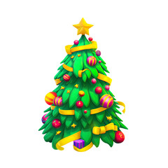 Christmas tree decorated with colorful baubles, lights and ribbons. Digital illustration cut out