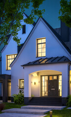 3d rendering of cute cozy white and black modern Tudor style house with parking  and pool for sale or rent with beautiful landscaping. Fairy roofs. Clear summer night with many stars on the sky.