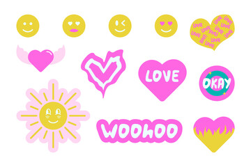 Collection of cute stickers. Funky, hipster stickers. y2k style.