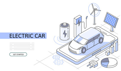 Electric car Isometric Concept. Use for web page, banner, infographics. Flat illustration editable line. Trading market