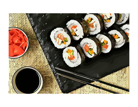 Maki rolls with salmon, tuna, cucumber, avocado and mango isolated on white background. Sushi pieces collection. Fresh maki rolls pieces with rice and nori. Realistic vector illustration
