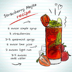 Strawberry Mojito cocktail, vector sketch hand drawn illustration, fresh summer alcoholic drink with recipe and fruits	