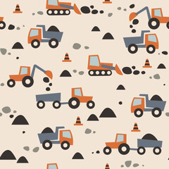 Cute cartoon tractors and cars seamless pattern. Flat funny children texture illustration for fabric and fashion print. Vector background.