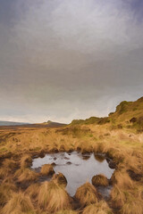 Digital oil painting of bleak winter panoramic view of Baldstone, and Gib Torr in the Peak District National Park.