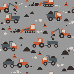 Cute cartoon tractors and cars seamless pattern. Flat funny children texture illustration for fabric and fashion print. Vector background.