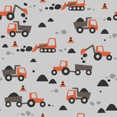 Cute cartoon tractors and cars seamless pattern. Flat funny children texture illustration for fabric and fashion print. Vector background.