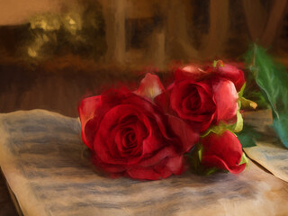 Digital oil painting of a Valentine red roses lying on vintage music sheets.