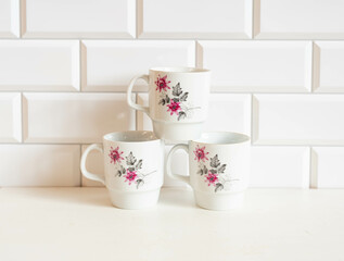 Mid-century modern porcelain coffee cups with flower pattern
