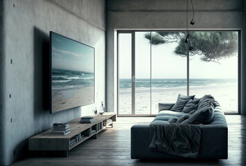 Fototapeta premium A contemporary interior living room with a couch set and a view of the ocean. Loft style concrete wall, wood floor, fake light, TV, and picture frame. summer sea view. Generative AI