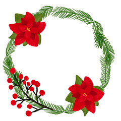 Watercolor Christmas floral wreath with poinsettia. Hand painted illustration isolated on white background
