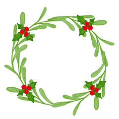 Watercolor Christmas floral wreath with mistletoe, red berries, leaves. Hand painted illustration isolated on white background