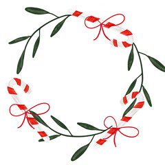 Fototapeta na wymiar Watercolor Christmas floral wreath with candy cane. Hand painted illustration isolated on white background
