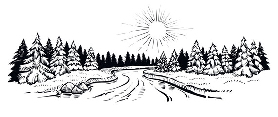 Black and white vector illustration of the river landscape with forest. Panoramic sketch with summer riverside.