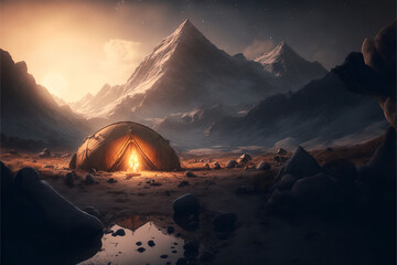 Outdoor camp with tent in the mountains for high altitude hiking. Designed using Generative AI