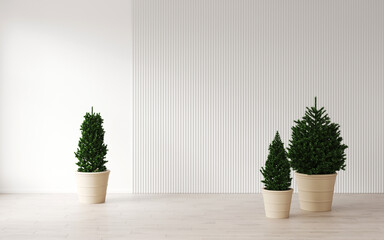 White empty room with Christmas trees in pots, spruce, background for a New Year card, white panel on the wall. White space, photozone. Interior background and 3d rendering